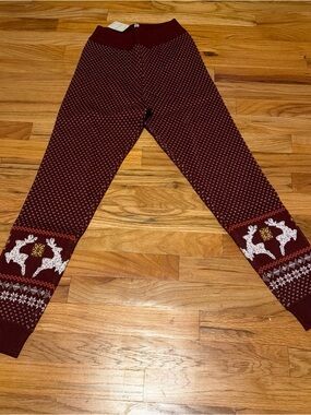 NWT Free People Burgundy Fair Isle Reindeer Knit Leggings